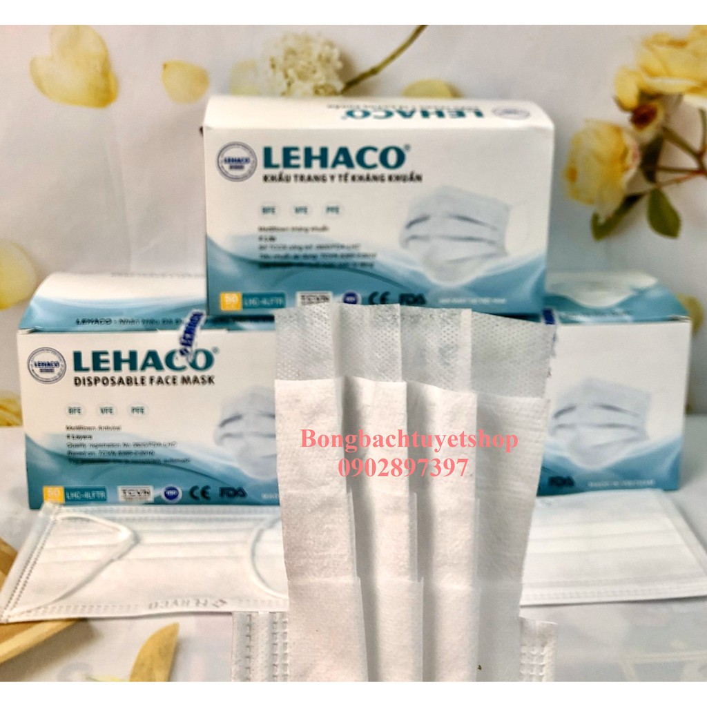 Khẩu trang Màu Trắng Lehaco 4 lớp kháng khuẩn 50 cái/ hộp - Khẩu trang y tế Lehaco