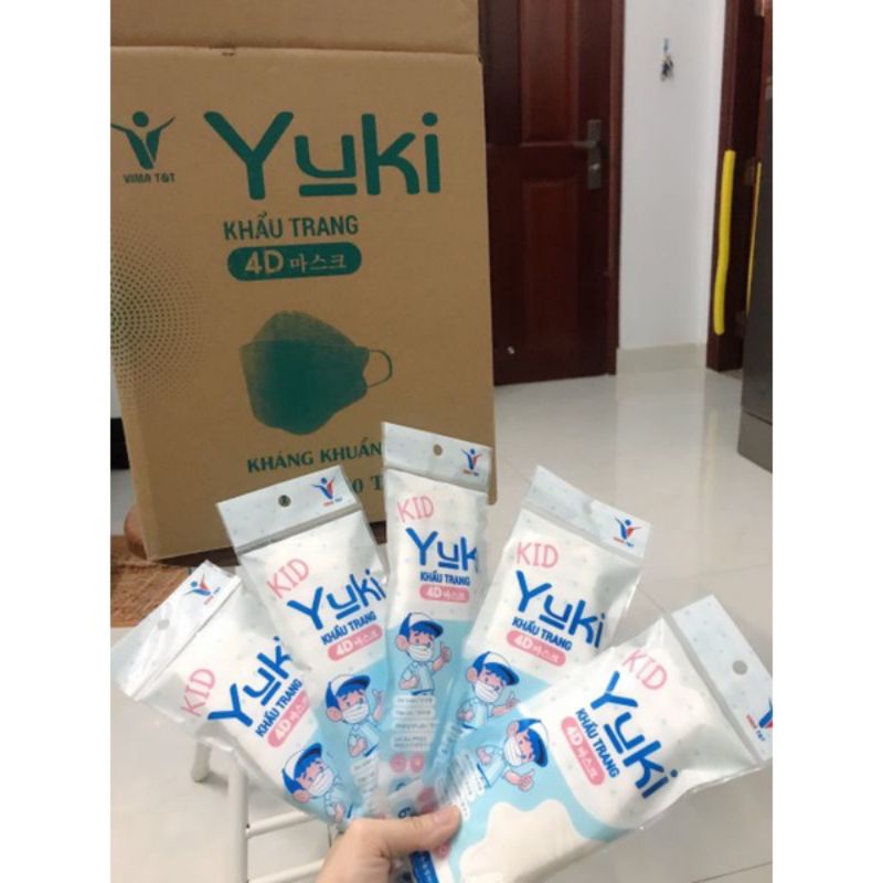 Khẩu trang y tế 4D trẻ em, cho bé YUKI Mask / YUKI KID 4D kháng khuẩn 4 lớp, 1 gói 6 cái, màu trắng, xanh