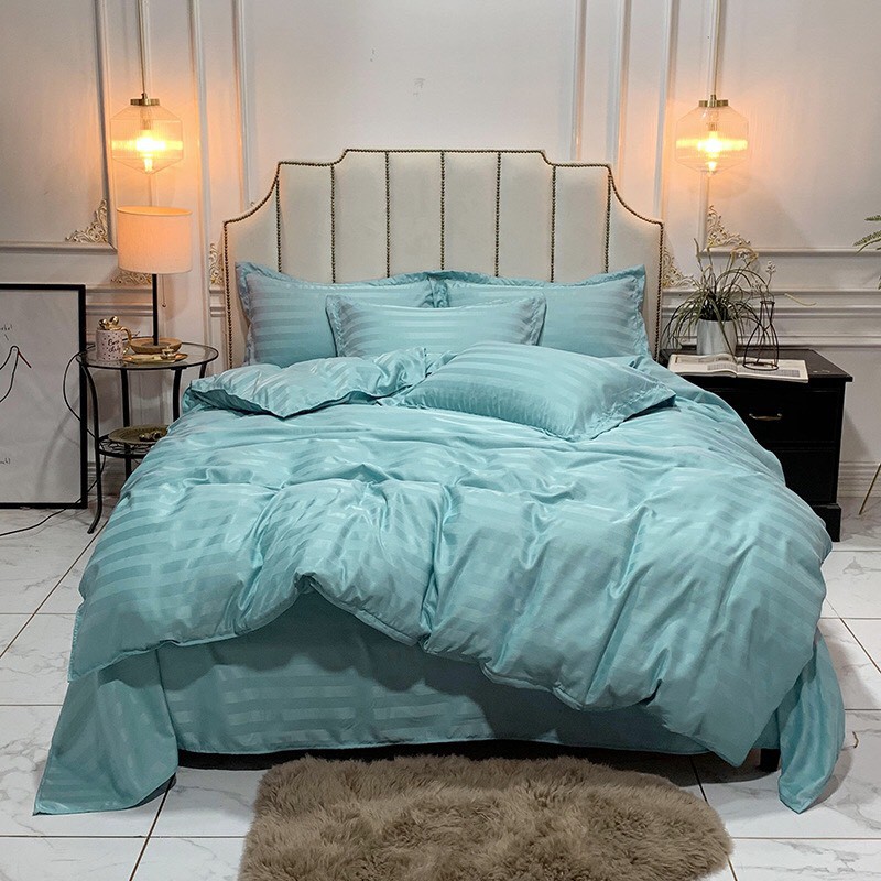 Trọn Bộ CHĂN GA GỐI, Cotton TICI 3F Kẻ, XANH NGỌC, Sang Trọng, Lịch Lãm