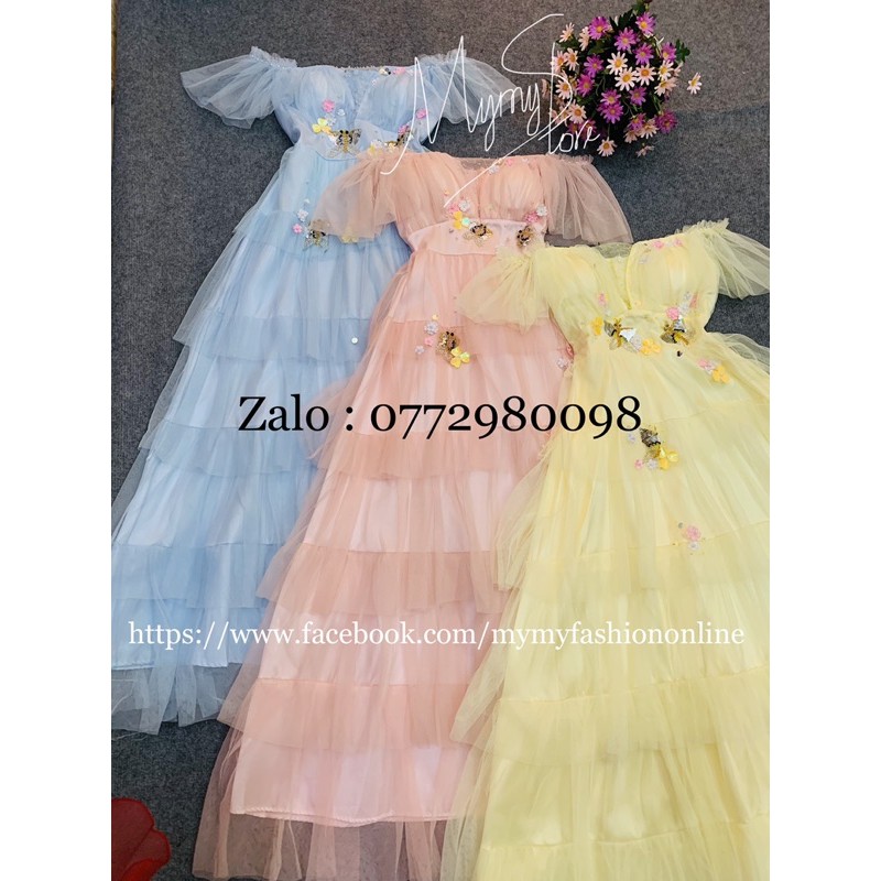Đầm maxi bẹt vai xếp tầng kết cườm hình bướm TRIPBLE T DRESS - size M/L (ảnh/video thật) - MS312V