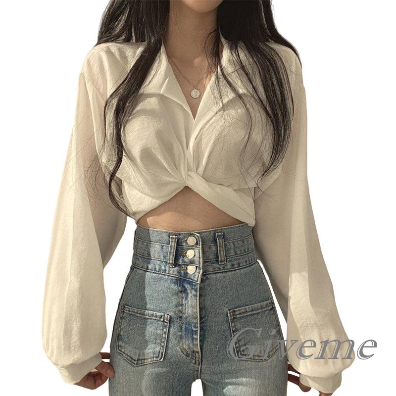 Áo Croptop Tay Dài Cổ Bẻ Màu Trơn Thiết Kế Độc Đáo Thời Trang Cho Nữ