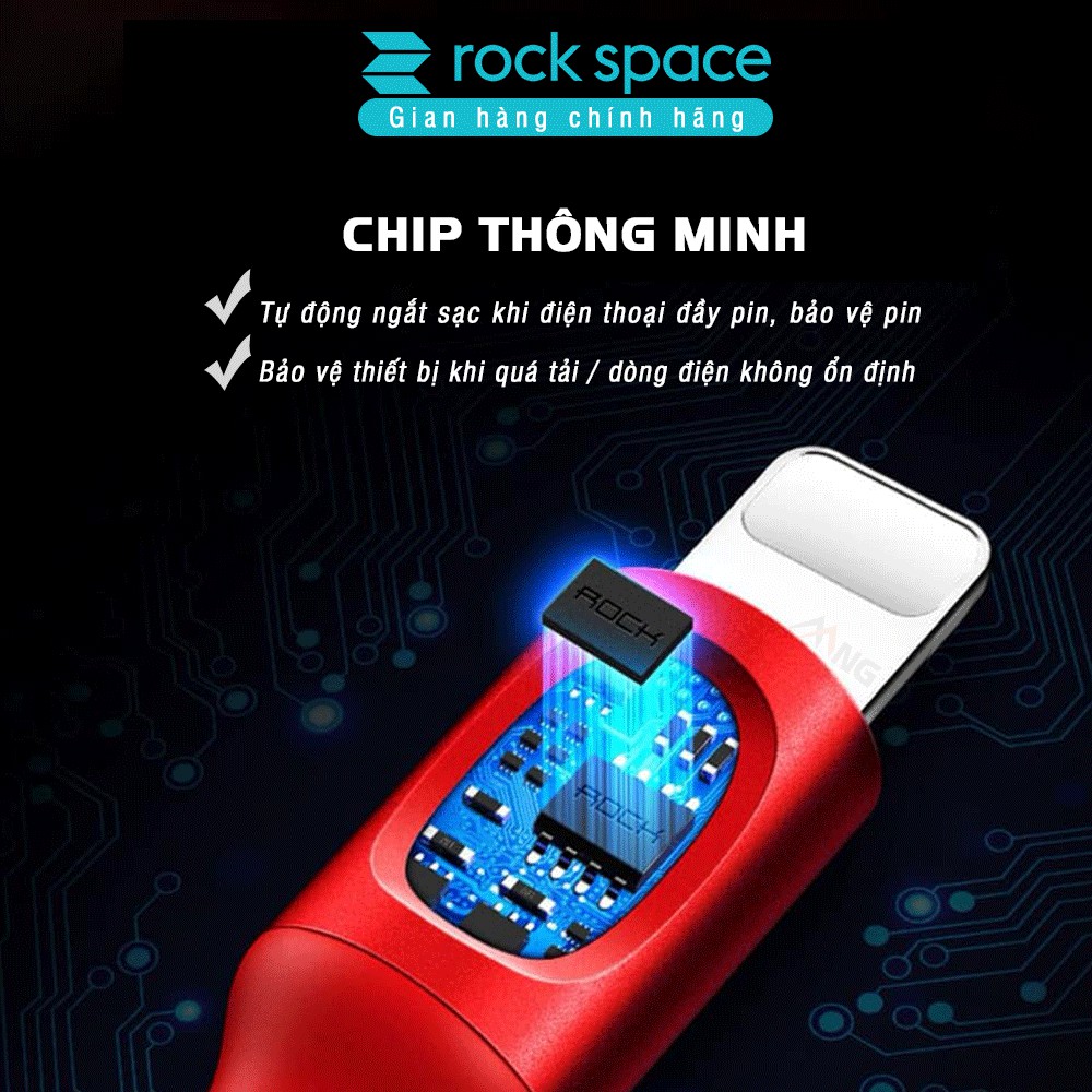 Dây cáp sạc tự ngắt khi pin đầy Rockspace lightning dành cho iphone, sạc nhanh, ổn định, chính hãng bảo hành 1 năm