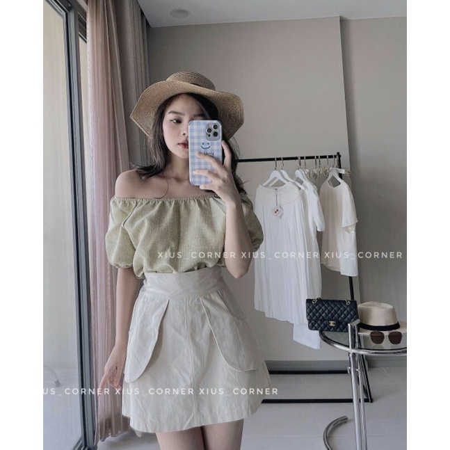 Set Áo Trễ Vai Đũi Lụa Màu Xanh Mix Chân Váy Kaki