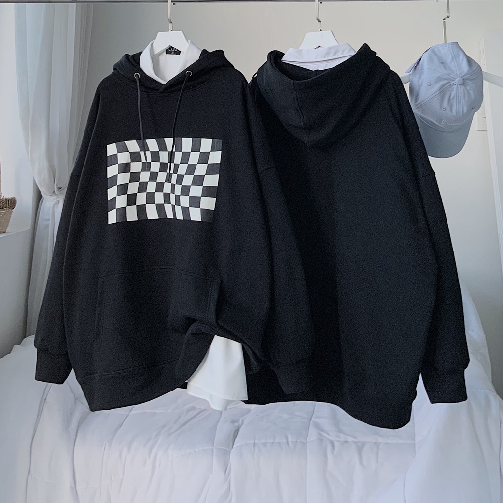 Áo Hoodie Nữ Họa Tiết Kẻ Áo Nỉ Nữ Form Rộng Basic Thoải Mái Chất Liệu Bông Mịn SLOPING Màu Đen Màu Be 10129
