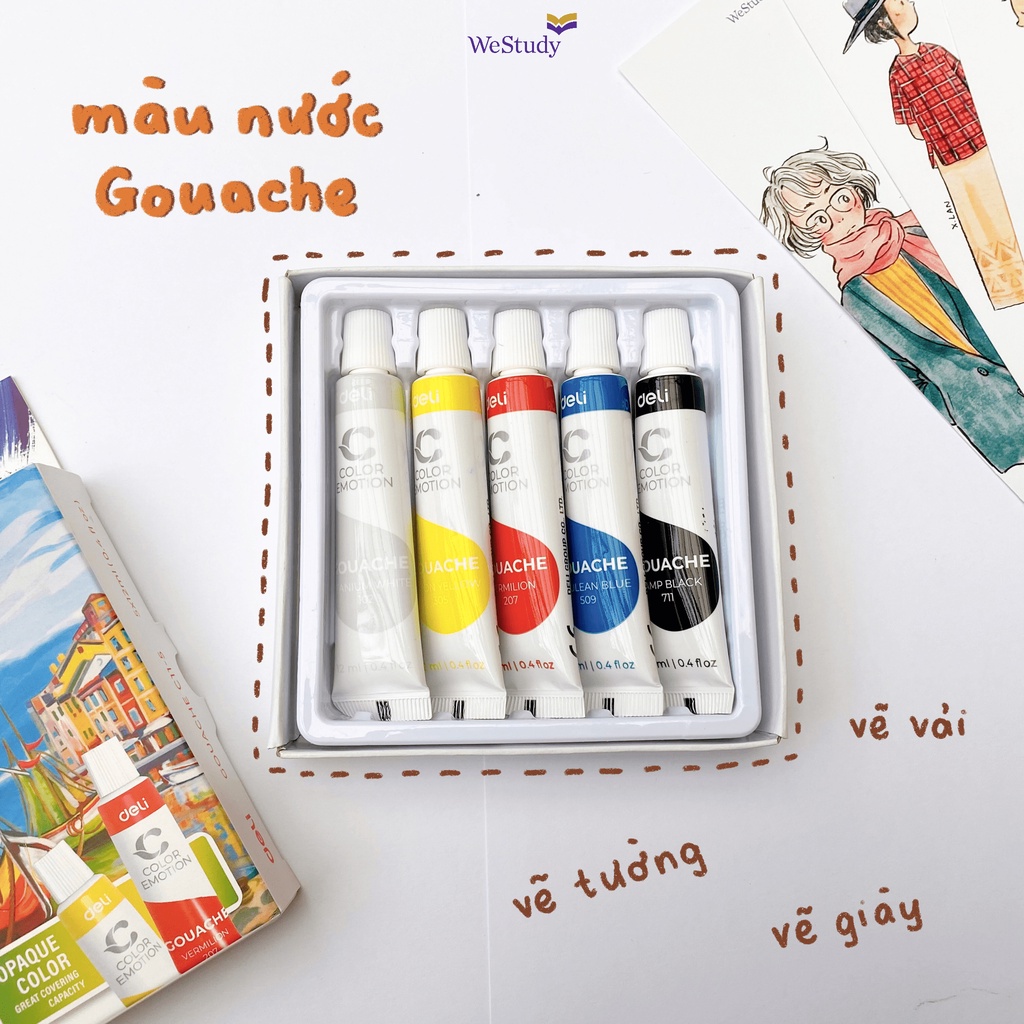 Hộp màu nước Gouache 5 màu cơ bản - TẶNG KÈM CỌ VẼ