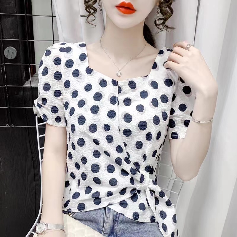 Áo Chiffon Cổ Vuông Tay Ngắn Họa Tiết Chấm Bi Thời Trang Mùa Hè Cho Nữ