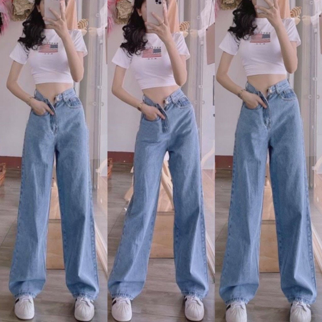 Quần Jeans Ống Rộng Nữ Chất Bò Màu Xám Khói Và Xanh Trơn Siêu Hot 00