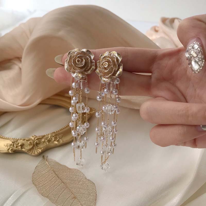 Bông Tai Mạ Bạc 925 Dáng Dài Phối Tua Rua Hình Hoa Đính Ngọc Trai Phong Cách Retro