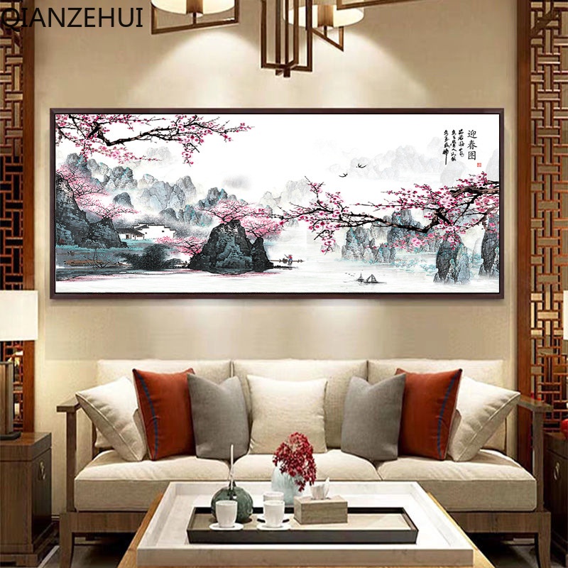 Bộ Tranh Thêu Chữ Thập DIY Hình Phong Cảnh Mùa Xuân Bằng Cotton 11CT