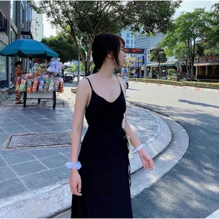 ĐẦM MIDI ĐEN HAI DÂY ĐAN EO [kèm ảnh thật]