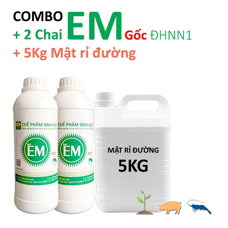 COMBO 2L Chế phẩm EM gốc và 5kg Mật rỉ đường sạch. Men vi sinh ủ phân bón. Khử mùi hôi Chăn Nuôi. Xử lý ao nuôi Cá Tôm