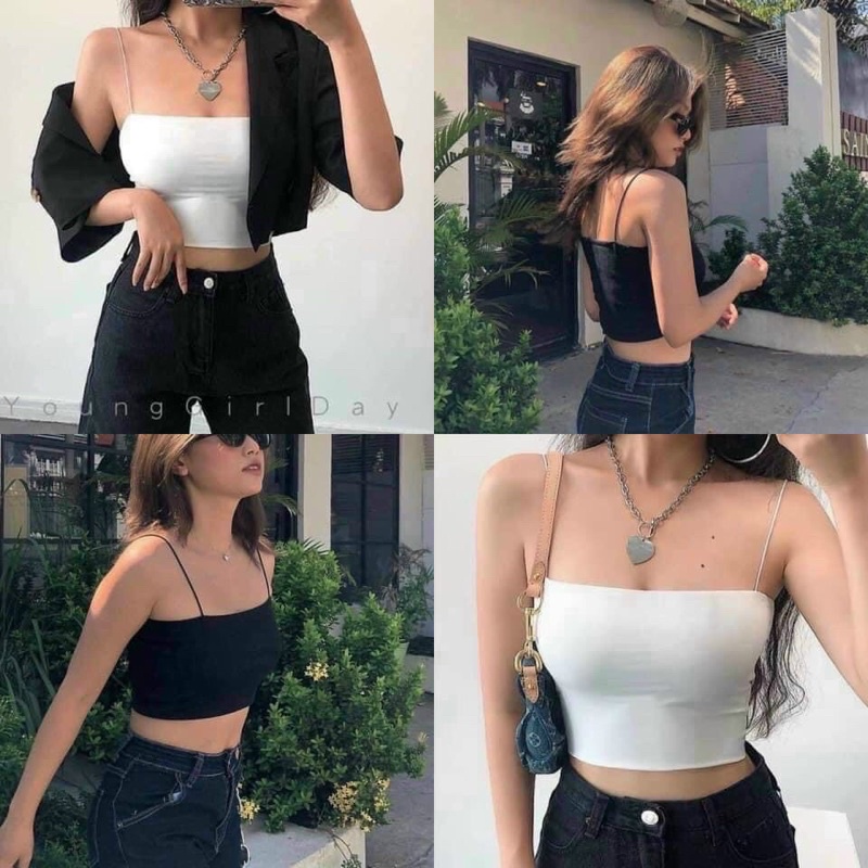 Áo hai dây sợi bún Đen/Trắng- Vải bozip co giãn siêu ôm <55kg