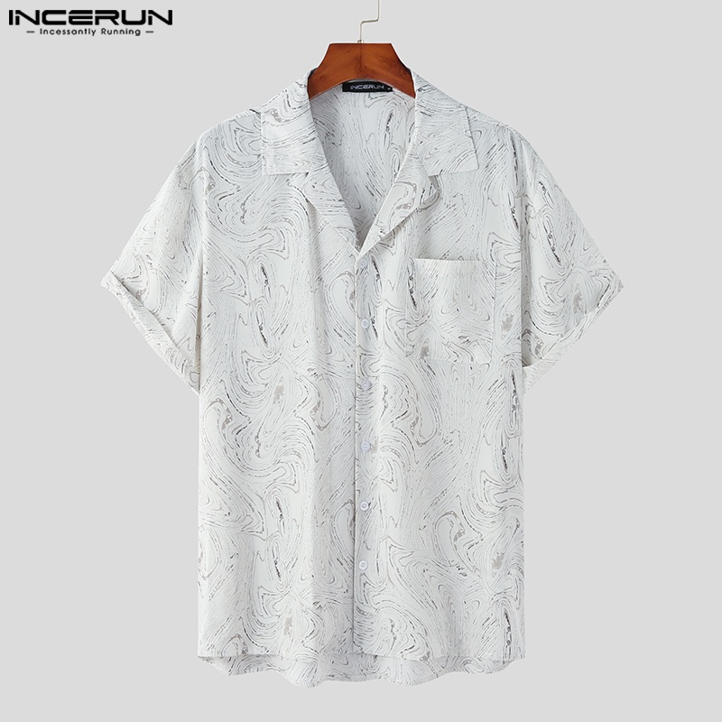 Áo sơ mi INCERUN nam tay ngắn dáng rộng họa tiết sọc thời trang cá tính