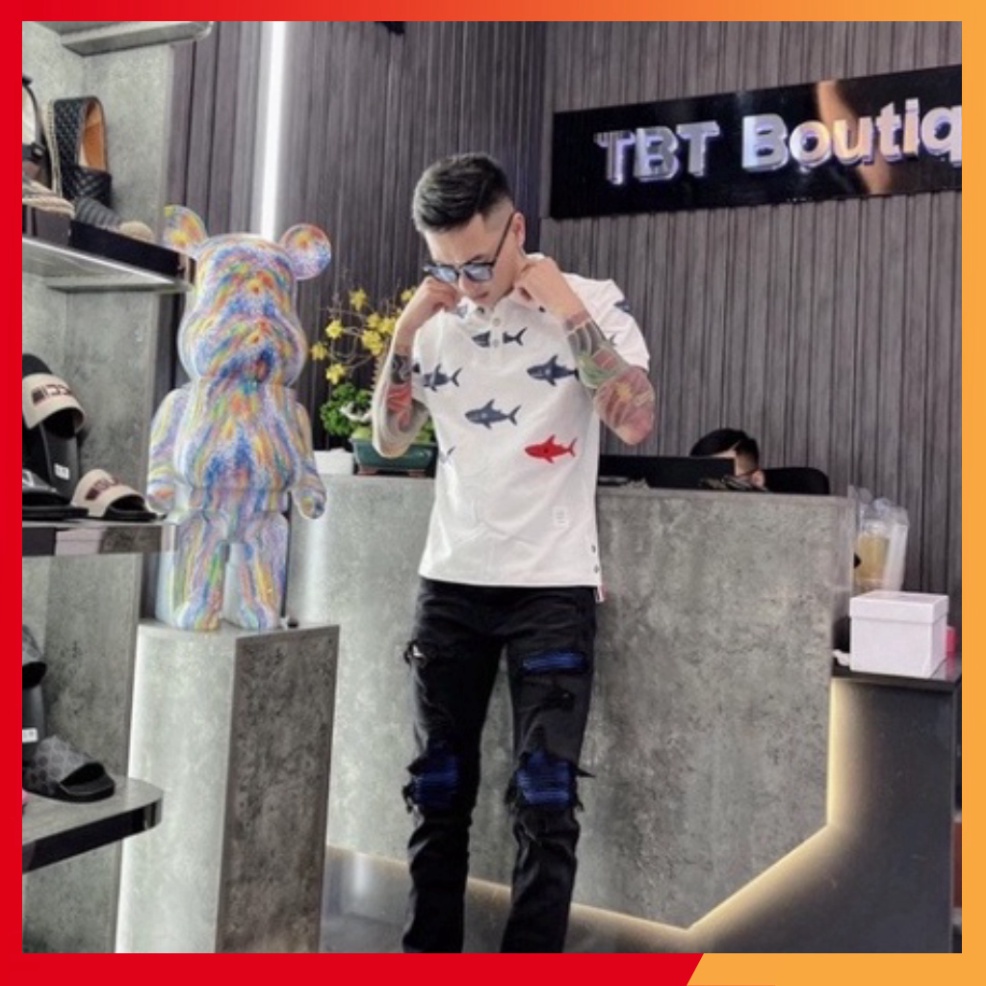Áo polo đen trắng, tay ngắn, chất cotton thoáng mát, áo unisex đẹp cao cấp in cá mập 5D cực sịn sò