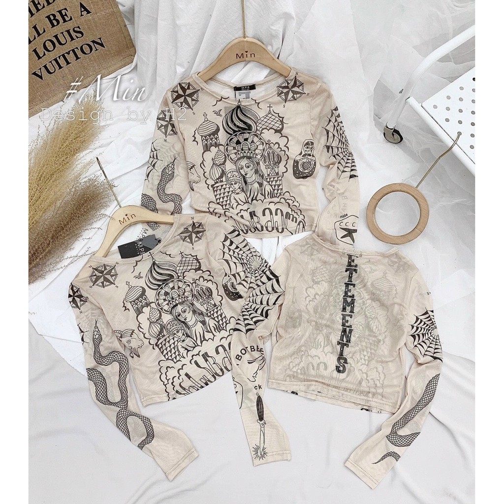 Áo kiểu croptop tay dài phối màu kiểu cực xinh , chất lưới