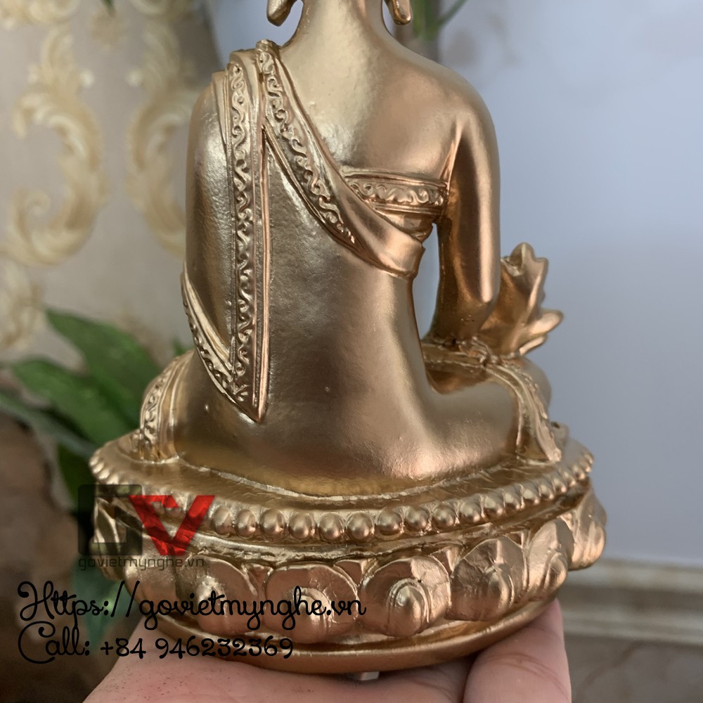Tượng đá trang trí Phật Dược Sư Lưu Lý Quang ngồi trên đài sen - Chiều cao 16cm - Màu nhũ đồng