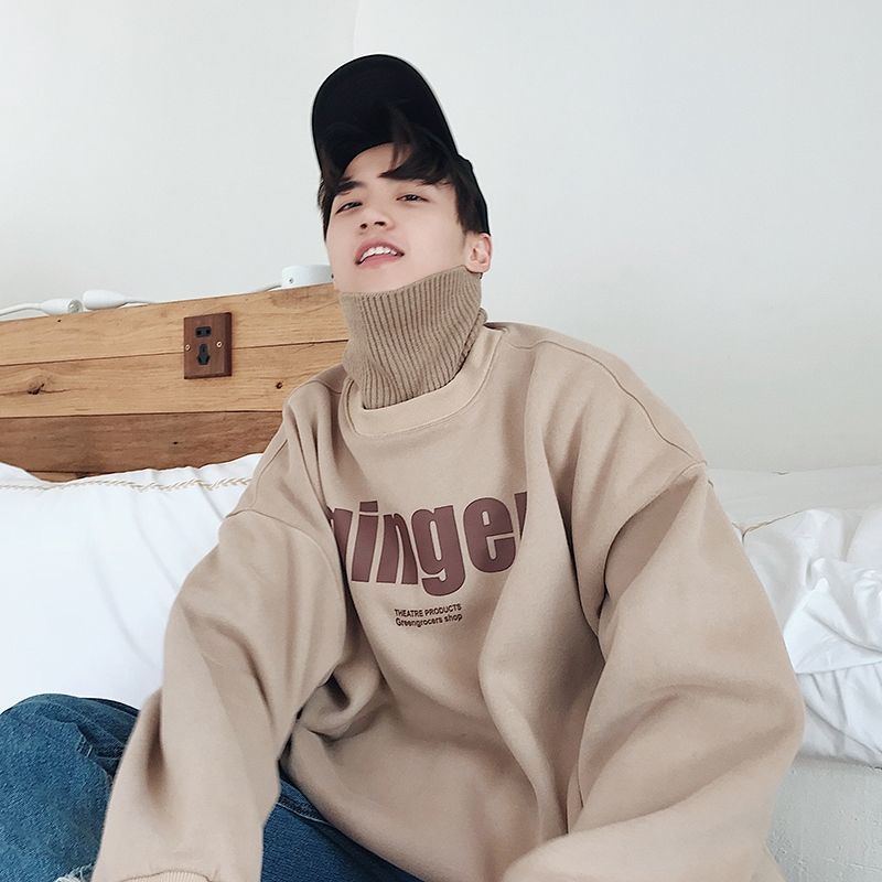 Áo sweater giả hai lớp cổ cao dáng rộng chất nhung dày ấm áp thời trang thu đông cho nam