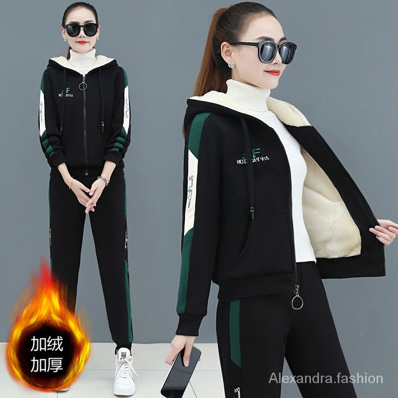 Set Đồ Thể Thao Phối Lông Cừu Dày Dặn Phối Khóa Kéo Phong Cách Hàn Quốc Thời Trang Thu Đông Cho Nữ