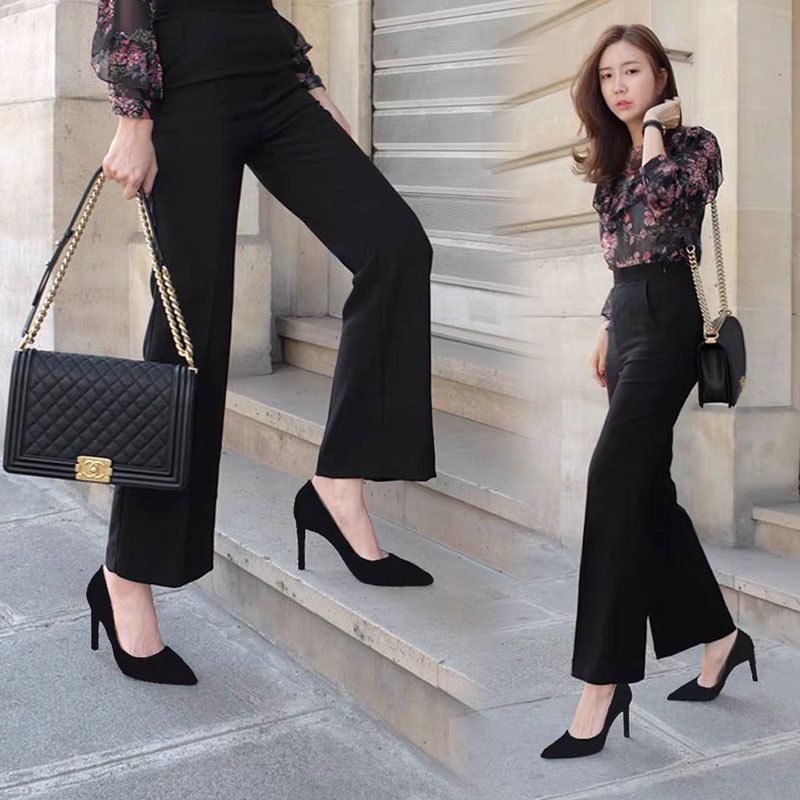 Giày Cao Gót 5-7 - 9cm Mũi Nhọn Màu Đen Thời Trang Công Sở Thanh Lịch Cho Nữ