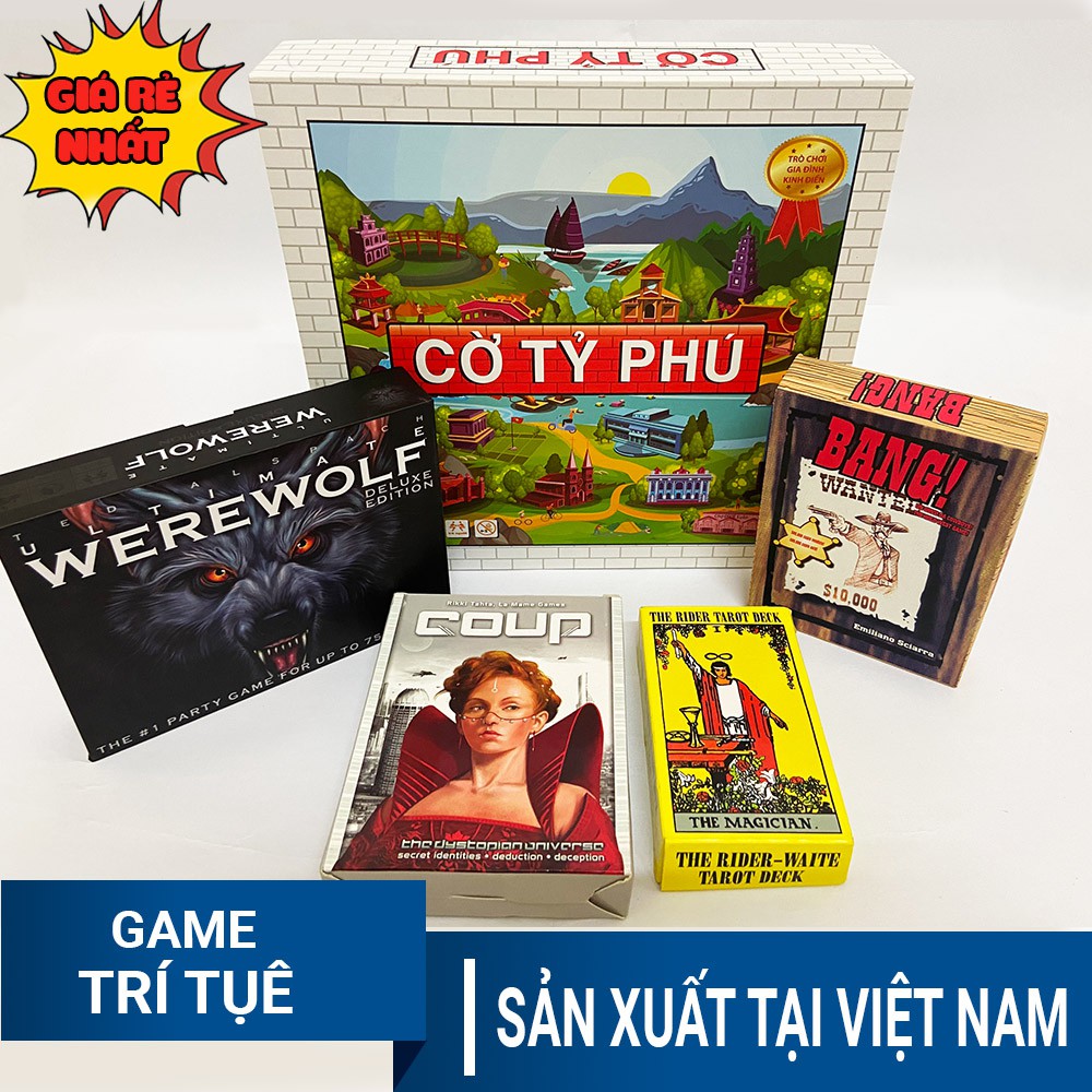 [COMBO 5 IN 1] Trò chơi giải trí Cờ tỷ phú Monopoly + Bài Ma sói + Bài Coup + Bài Bang phiên bản tiếng Việt dễ chơi