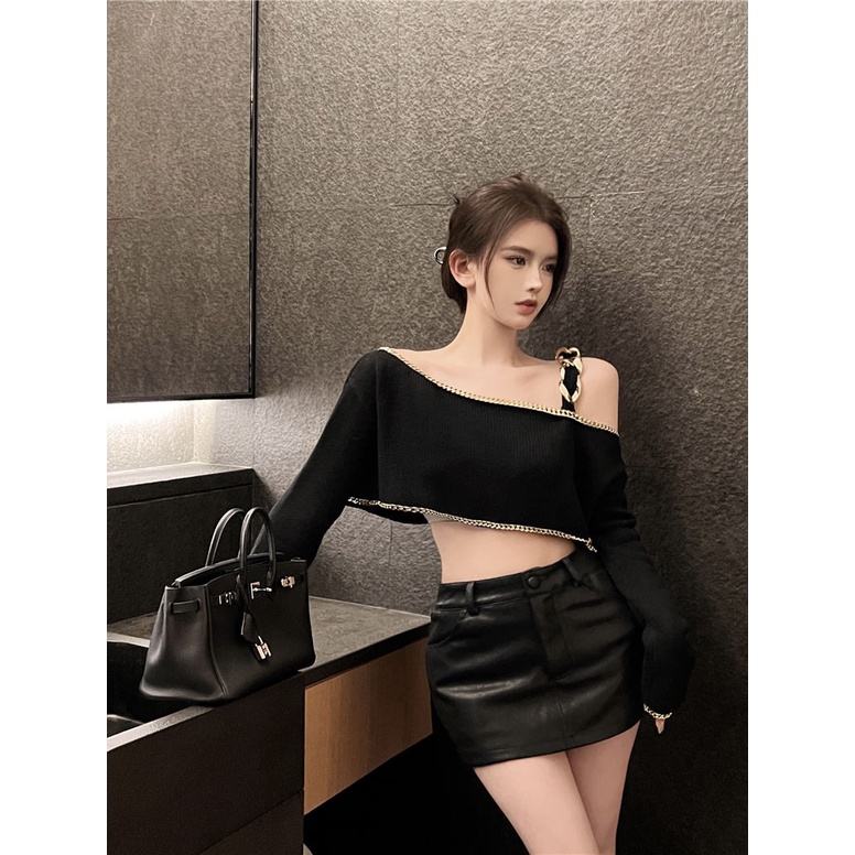 Áo Dệt Kim Trễ Vai Tay Dài Dáng Rộng Màu Đen Thời Trang Mùa Thu Cho Nữ