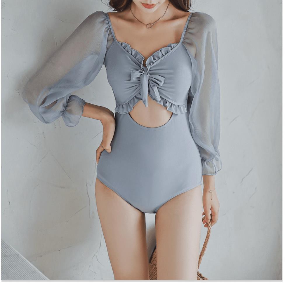 Bikini nữ đẹp, Áo tắm biển nữ một mảnh hàn quốc phụ nữ in gió tay dài cạp cao eo thon bikini áo tắm mùa xuân nóng 👙