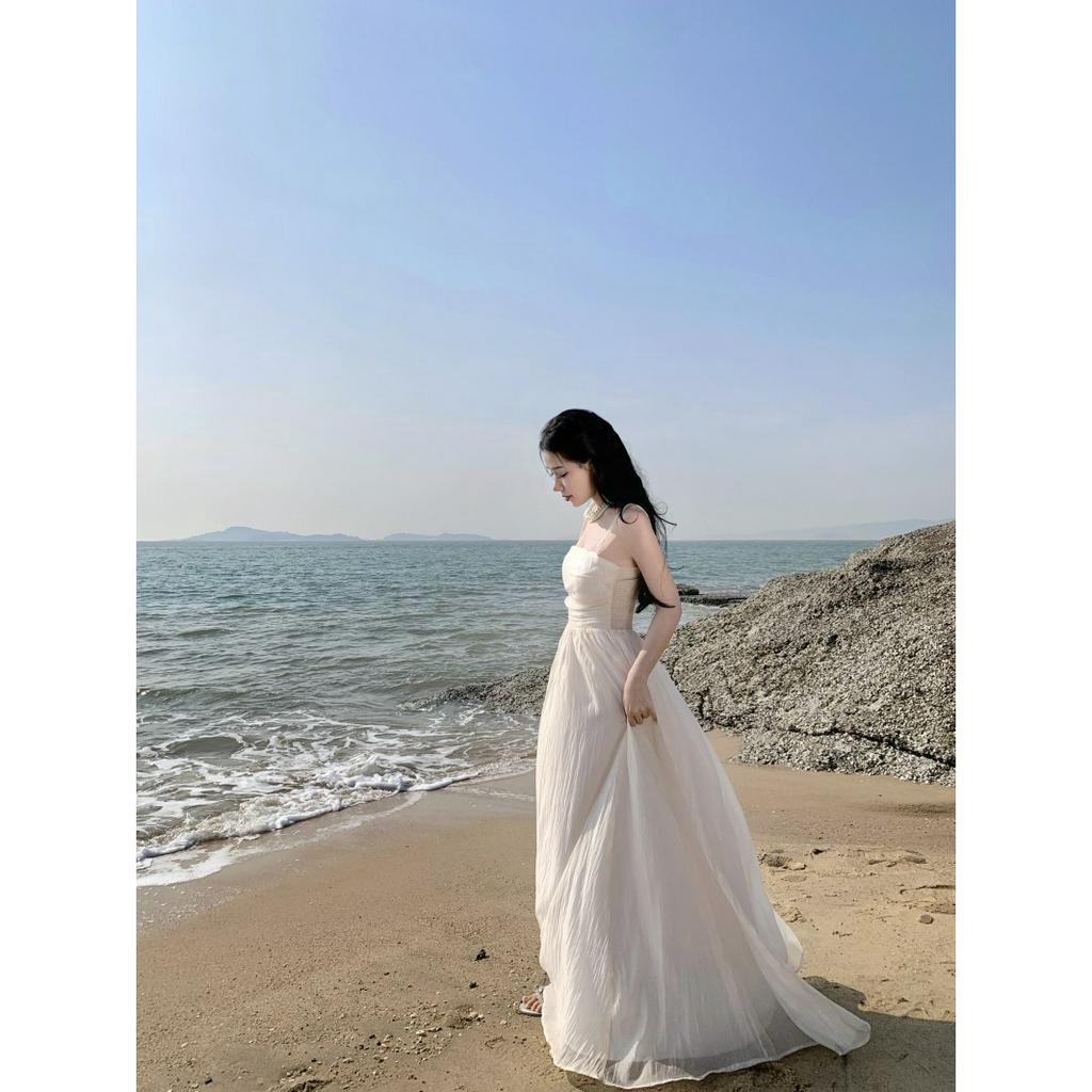 Đầm maxi voan tơ hai dây nàng thơ chụp hình siêu xinh, váy maxi 2 dây voan tơ kiểu nàng thơ đi biển