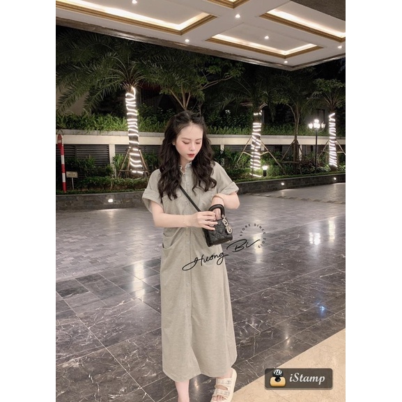 VÁY COTTON RÚM MÀU GHI TÚI NGỰC