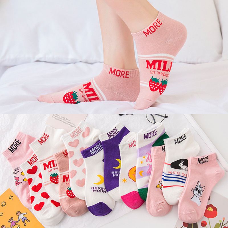 Vớ Thuyền Miệng Nông In Họa Tiết Hoạt Hình / Dâu Tây / Sữa Dễ Thương Cho Nữ