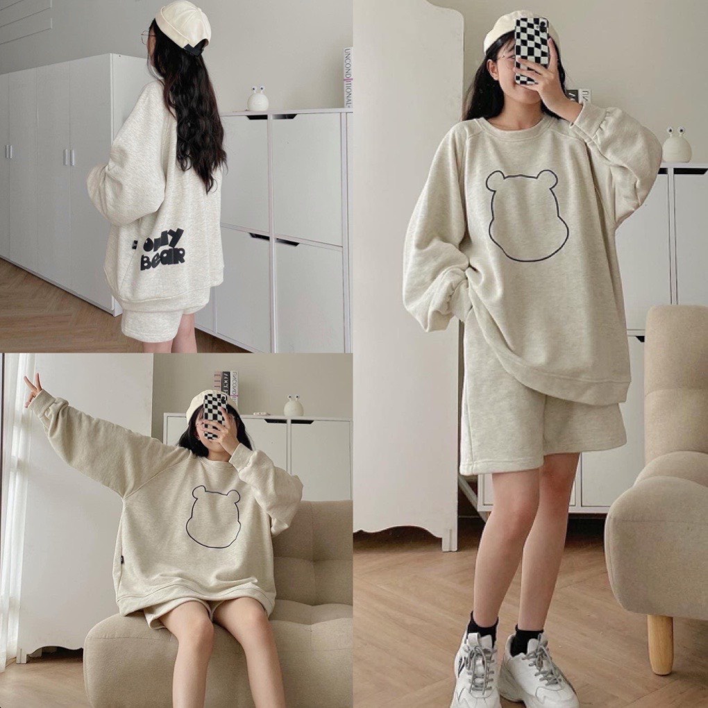 Set Bộ Nỉ Gấu Only Bear Form Rộng Áo Nỉ Sweater Tay Bồng Kèm Quần Short Đùi Ống Rộng Freesize