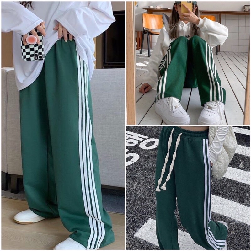 Quần Xuông Ống Rộng Lưng Cao Dáng Dài 3 Line Chất Nỉ Da Cá Dày Dặn Dây Rút Bản To Đi Học Đi Làm