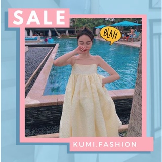 Kumivn váy đi biển hai dây màu vàng dáng babydoll xòe rộng dài