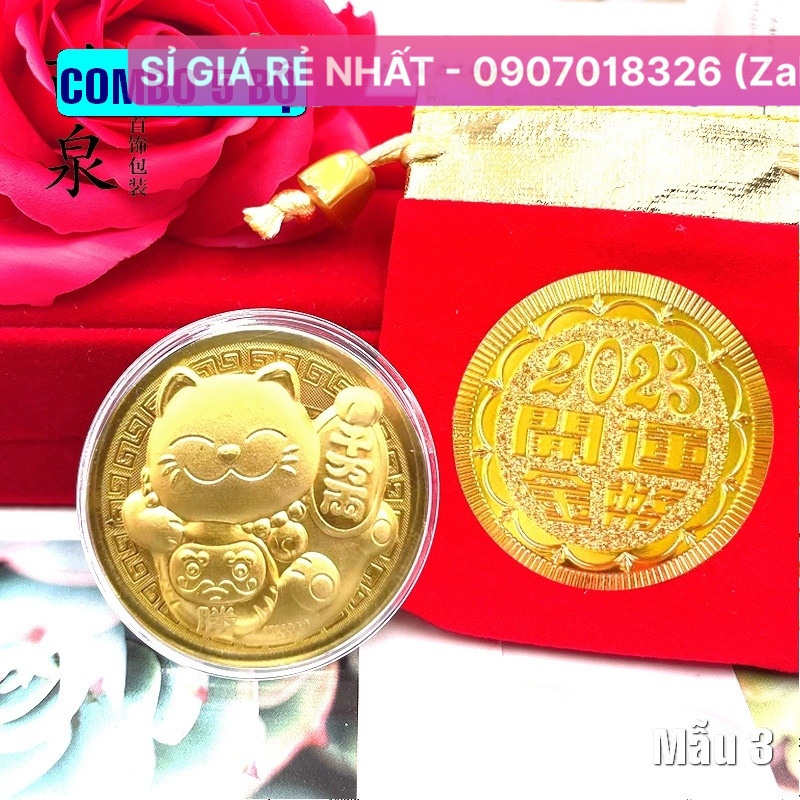 COMBO 10 Đồng Xu Hình Mèo Vàng , tặng túi gấm đỏ 2023 - Mẫu 3