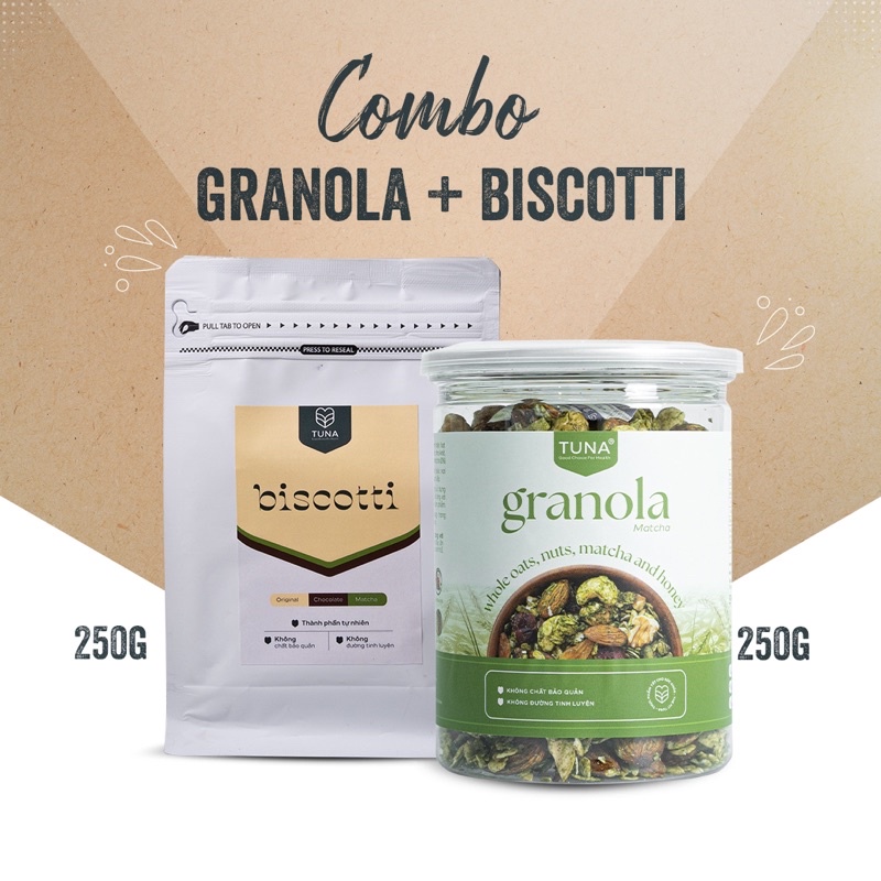 Combo 250g Granola+ 250g Biscotti Ăn Kiêng Nguyên Cám Không Đường By Tuna