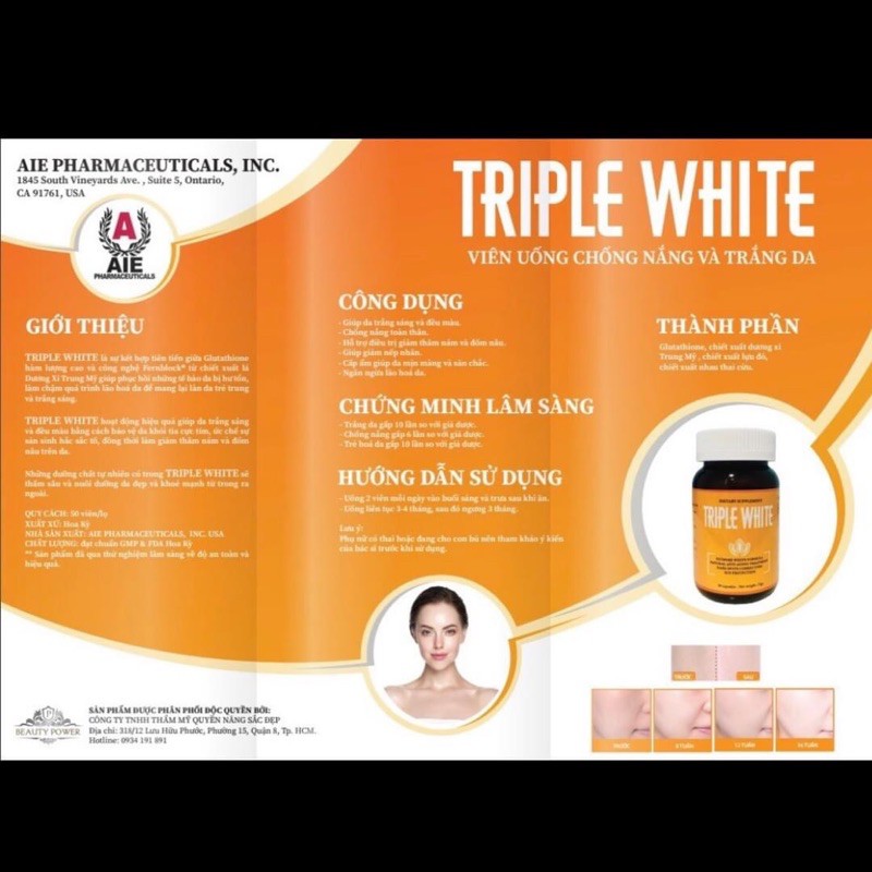 [HÀNG CHÍNH HÃNG] Viên uống trắng da Triple white