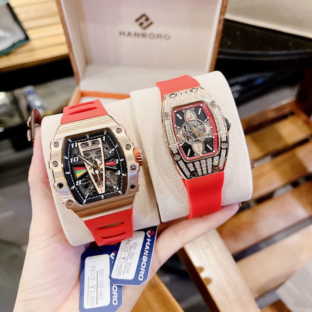 Đồng Hồ Cặp Đôi Hanboro Nam Máy Automatic, Nữ Máy Pin , Dây Cao Su Màu Đỏ , Size 36mm/48mm fullbox