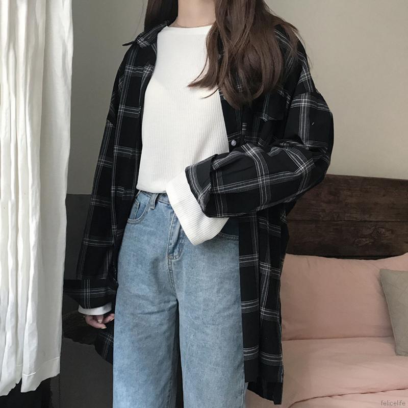 Áo Sơ Mi Nữ Tay Dài Dáng Rộng Có Túi Họa Tiết Caro