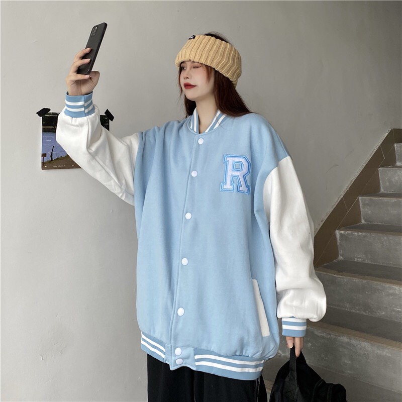 Áo Bomber 𝗙𝗥𝗘𝗘𝗦𝗛𝗜𝗣  Áo khoác bomber XANH CHỮ R nam nữ freesize unisex kute hàn quốc dễ thương varsity cao cấp giá rẻ.