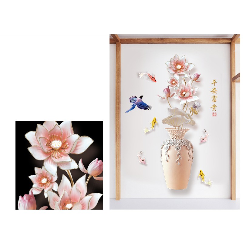 Decal trang trí tường - Chậu và Hoa Sen trắng hồng nhạt 3D mới