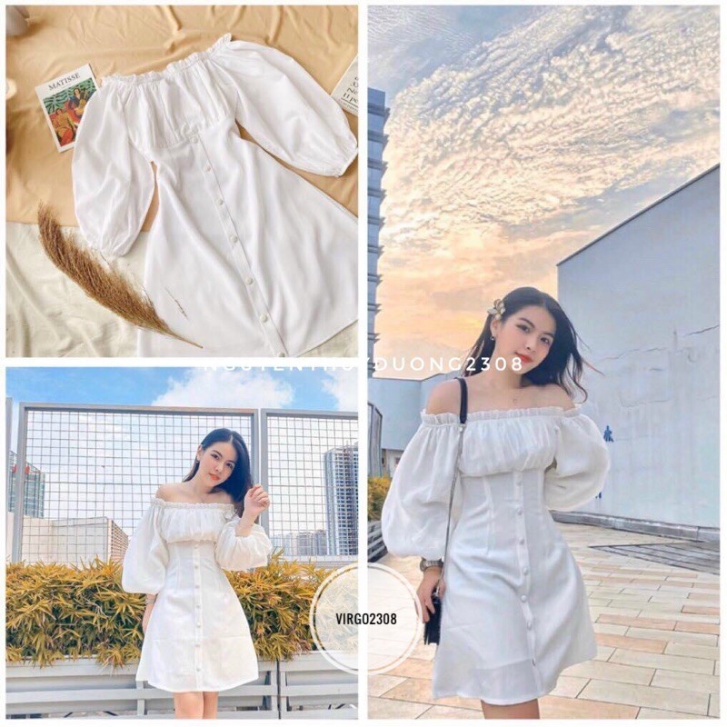 [Ảnh thật/Video]Váy Fanci trễ vai cúc bọc tiểu thư