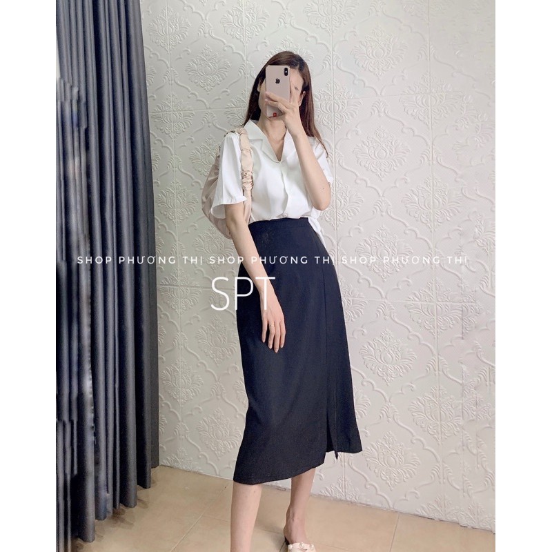 Chân váy midi chữ A dáng xẻ tà cạp cao hàng Quảng Châu (hàng sẵn) | BigBuy360 - bigbuy360.vn