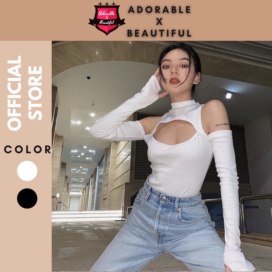 [AdorablexBeautiful] Áo Bodysuit Tay Dài Hở Ngực Chất Thun Đen Trắng Mềm Mịn Phong Cách Sexy