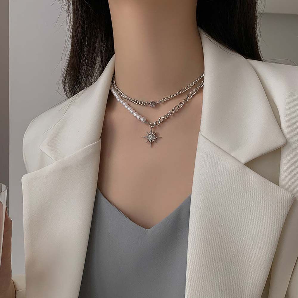 Vòng cổ choker hai lớp đính hạt ngọc trai hình ngôi sao phong cách Hàn Quốc cho nữ