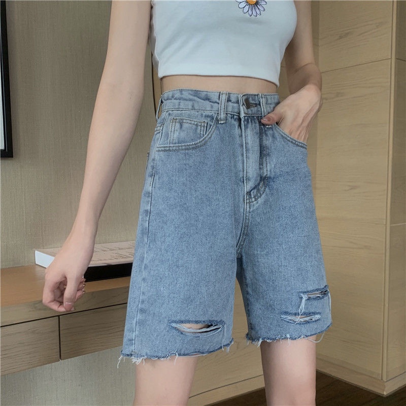 COZOK Quần Short denim Lưng Cao Ống Rộng Phối Rách Kiểu Hàn Quốc Cá Tính