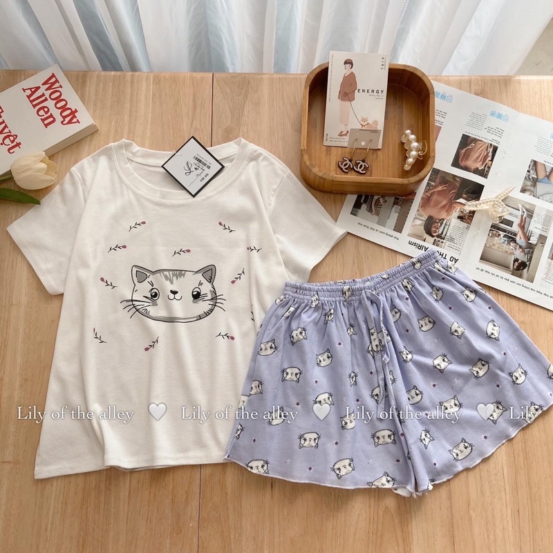 Set bộ ngủ cộc tay cotton in hoạt hình