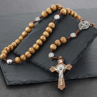 Religious Catholic Jesus Cross Pendant Wooden Beaded Chains Rosary Necklaces