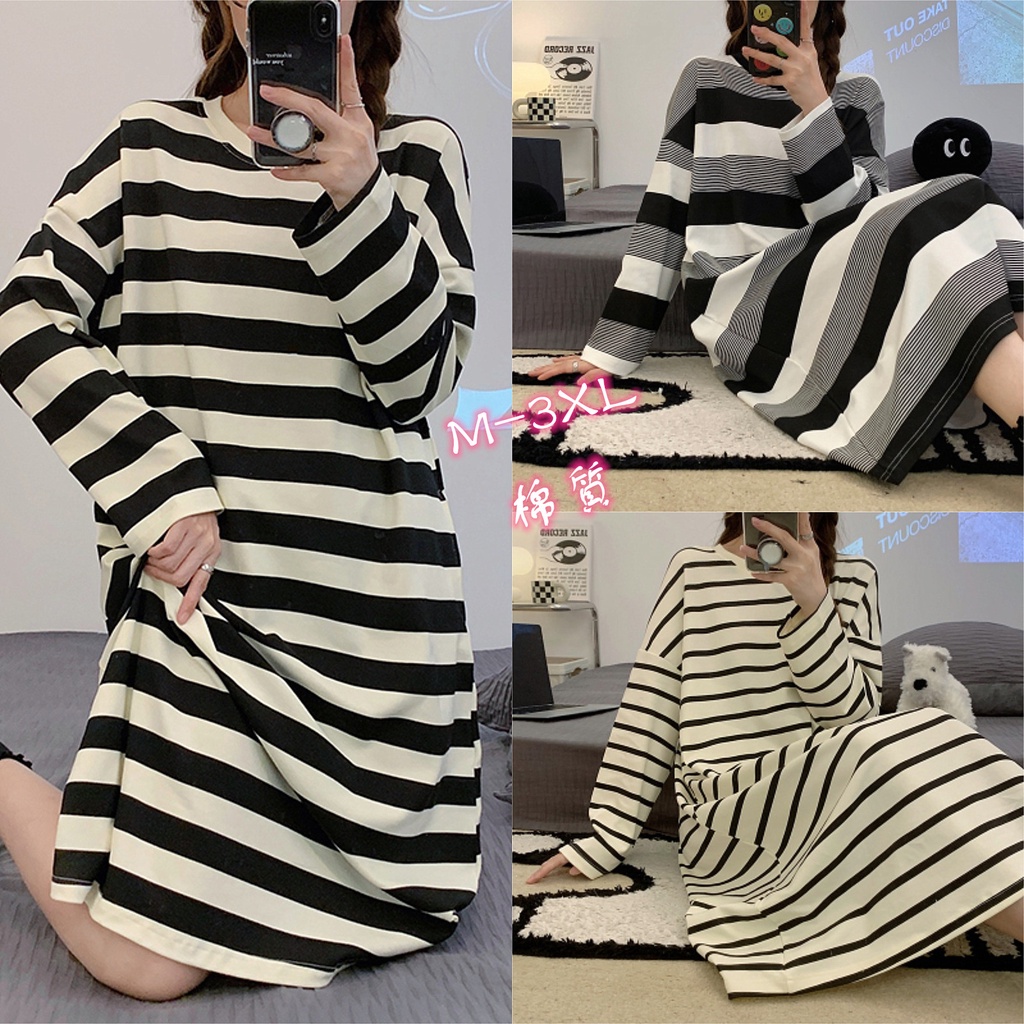 Đầm Ngủ Tay Dài Chất Cotton Dáng Rộng Họa Tiết Kẻ Sọc Dễ Thương Thời Trang Xuân Thu Cho Nữ