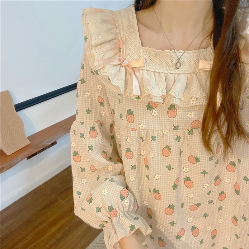 BN22_ Đồ Ngủ, Đồ Bộ Nữ Mặc Nhà Tiểu Thư Dài Tay Phối Bèo Nơ Quảng Châu