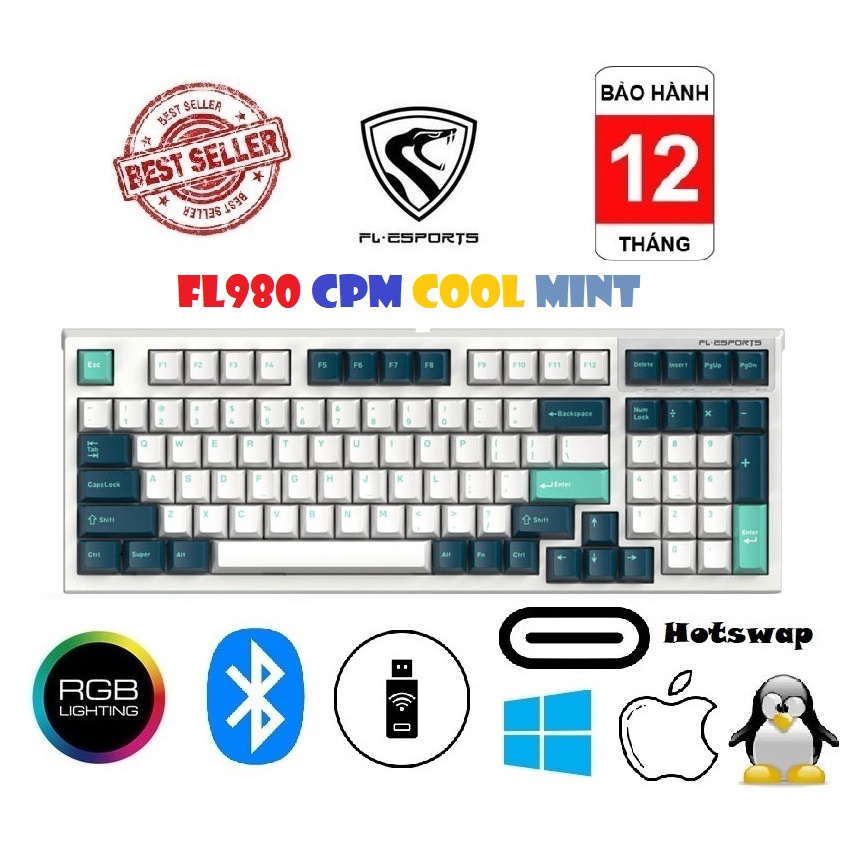 Phím cơ không dây FL-Esports FL980CPM Cool Mint RGB/ Bluetooth / Wireless 2.4Ghz / Hotswap / Kailh Box Switch