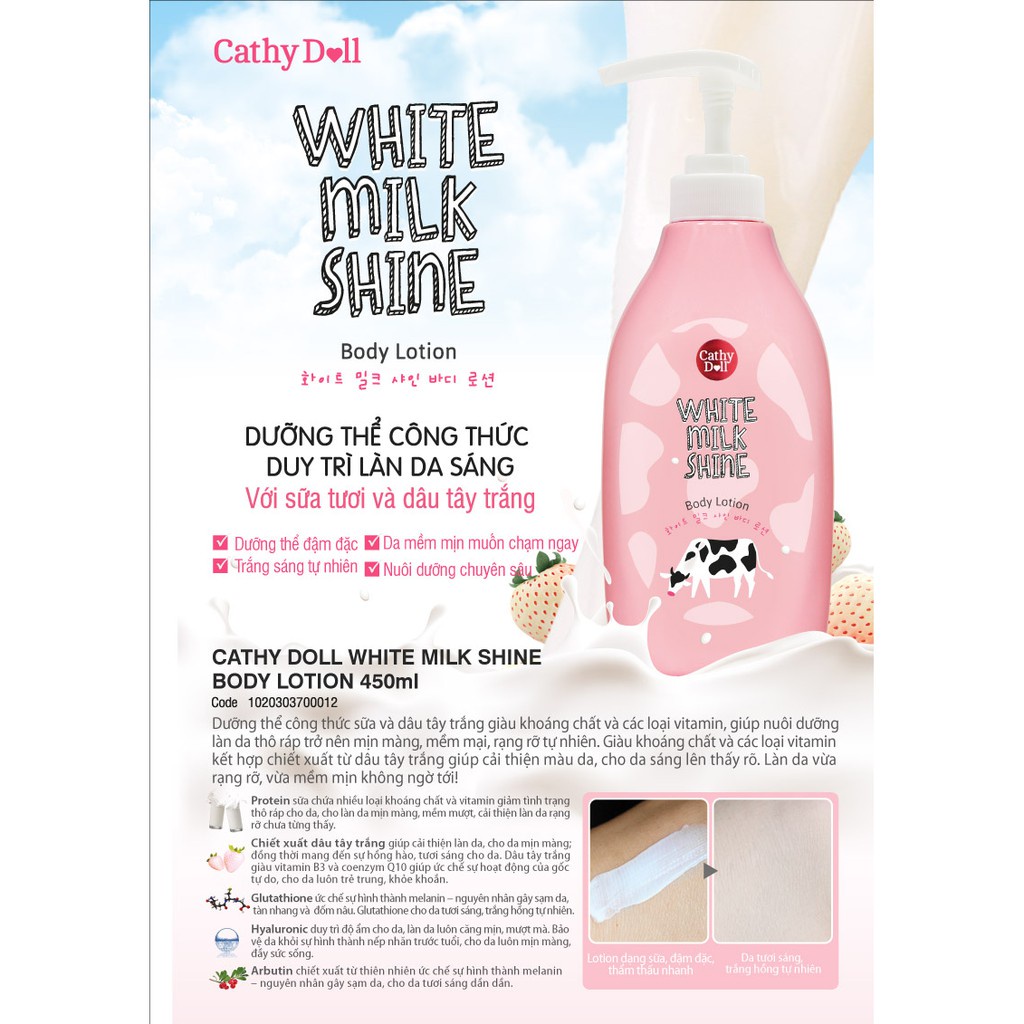 Sữa dưỡng thể sữa bò Cathy Doll White Milk Shine Body Lotion 450ml làm trắng, săn chắc da Mama Baby VN